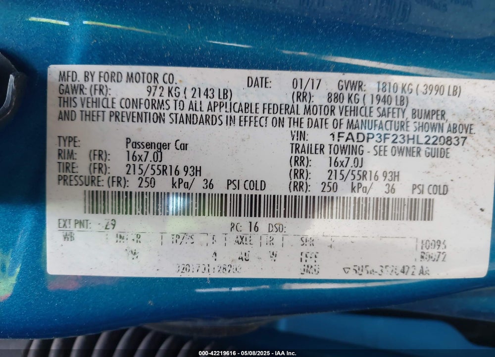 2017 FORD FOCUS VIN: 1FADP3F23HL220837