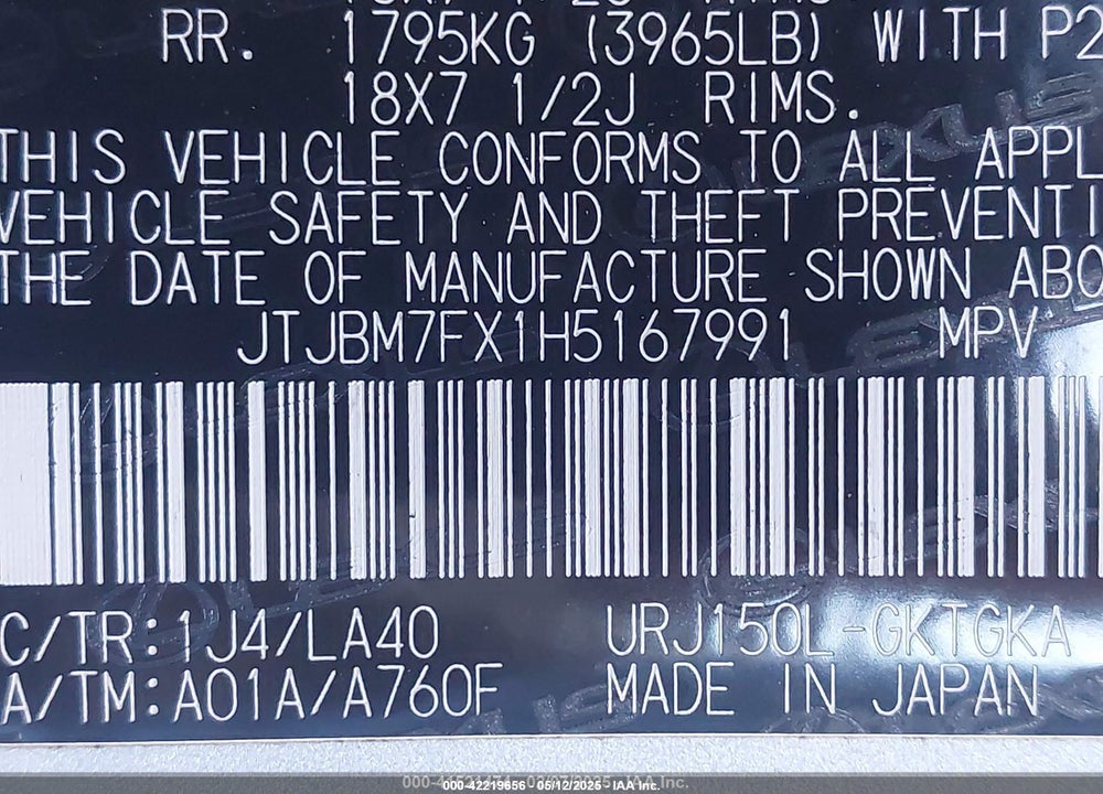 2017 LEXUS GX460 VIN: JTJBM7FX1H5167991