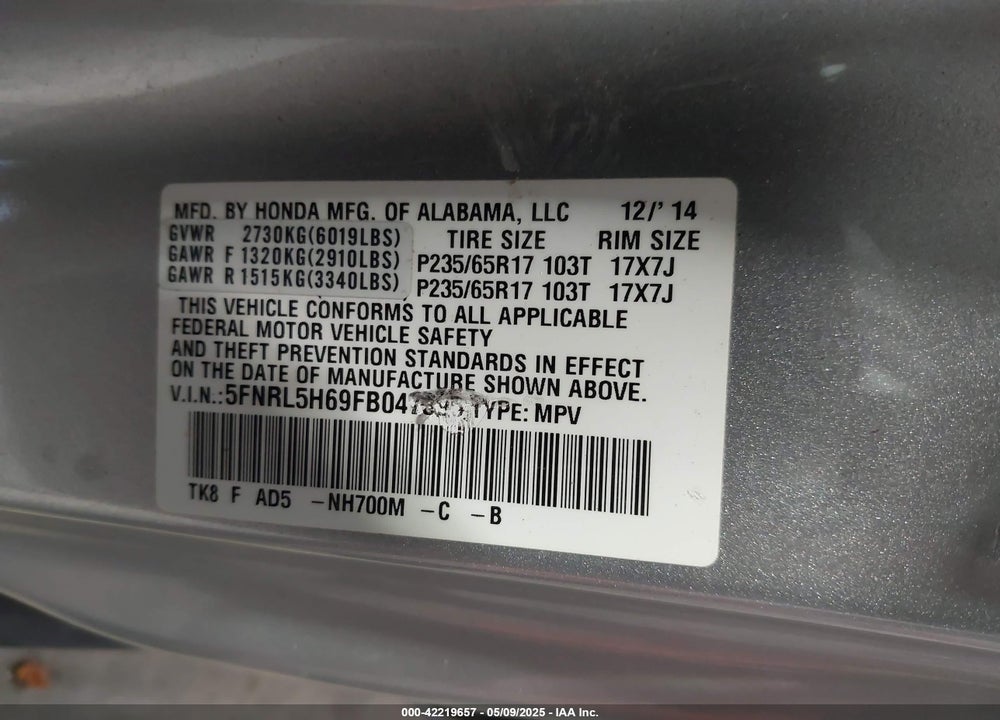2015 HONDA ODYSSEY VIN: 5FNRL5H69FB047395
