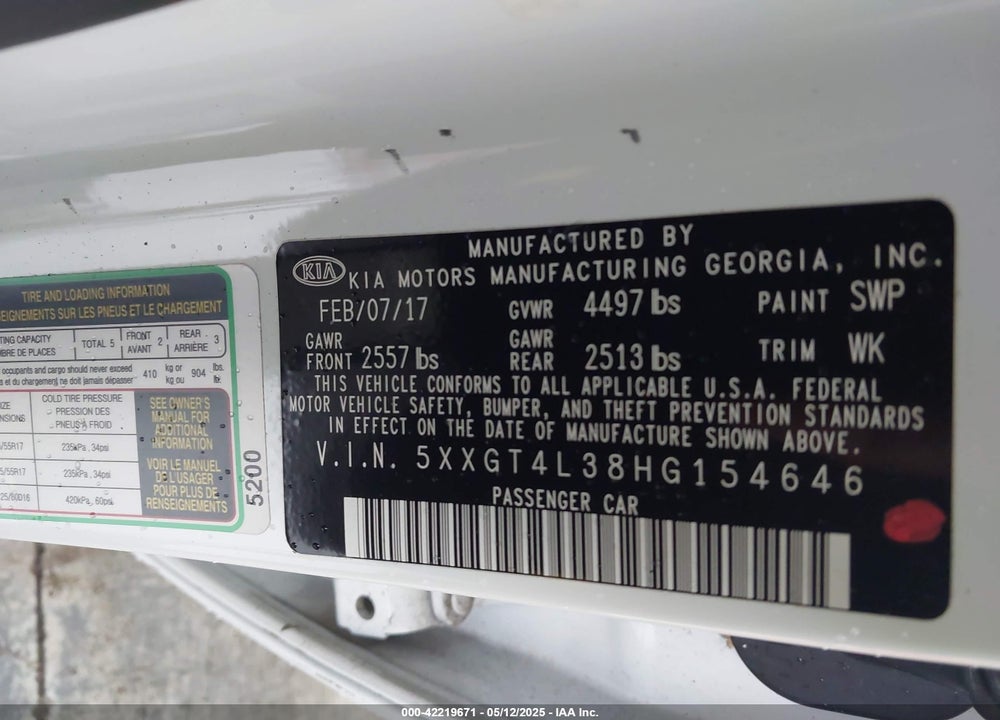 2017 KIA OPTIMA LX VIN: 5XXGT4L38HG154646