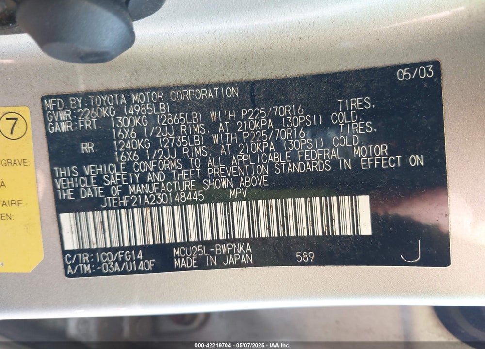 2003 TOYOTA HIGHLANDER V6 VIN: JTEHF21A230148445