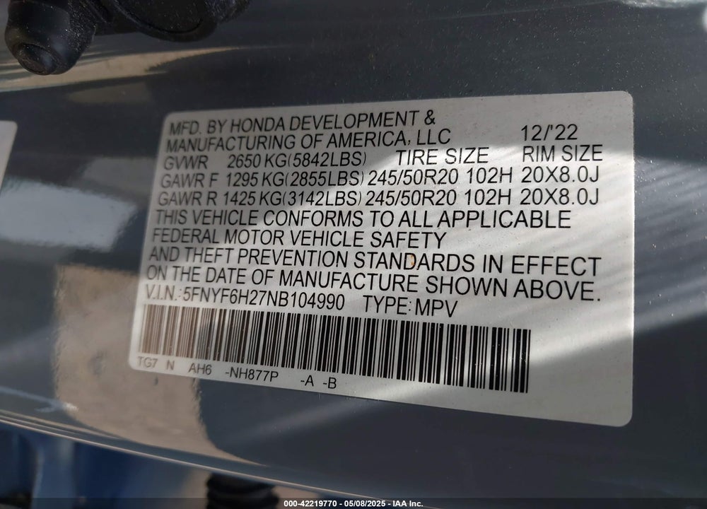 2022 HONDA PILOT VIN: 5FNYF6H27NB104990