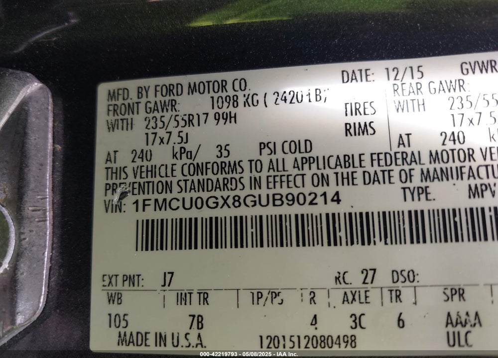 2016 FORD ESCAPE VIN: 1FMCU0GX8GUB90214