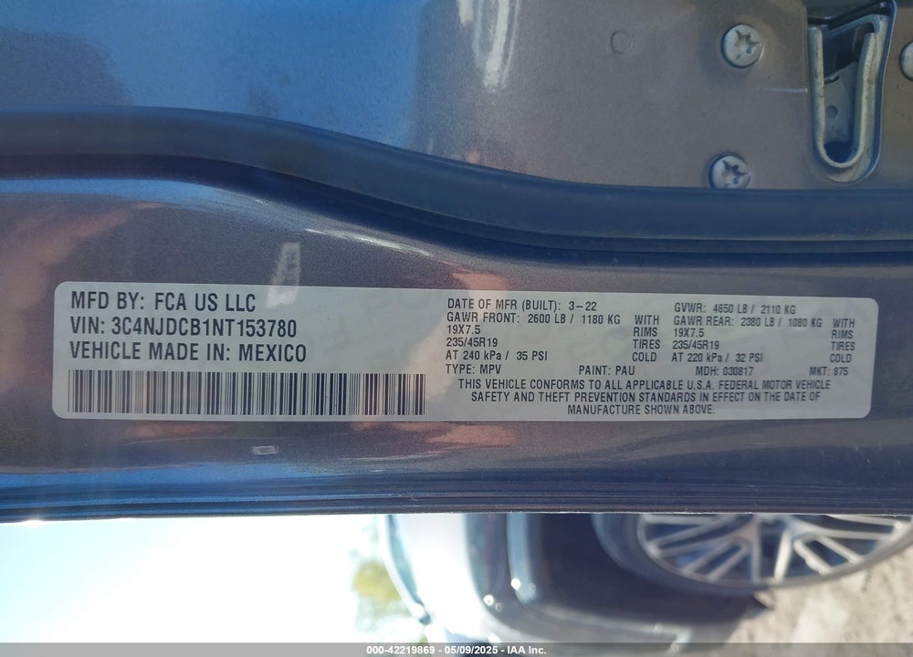2022 JEEP COMPASS VIN: 3C4NJDCB1NT153780