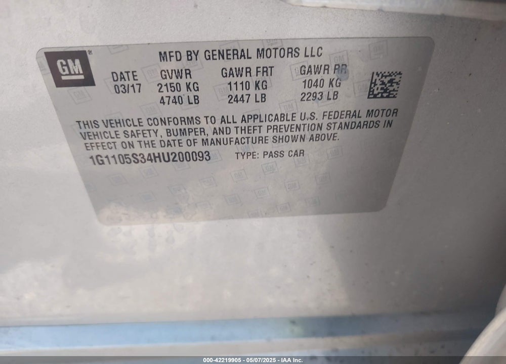 2017 CHEVROLET IMPALA VIN: 1G1105S34HU200093