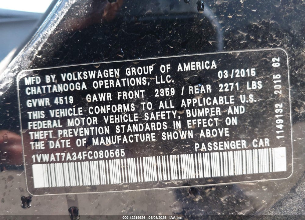 2015 VOLKSWAGEN PASSAT VIN: 1VWAT7A34FC080565