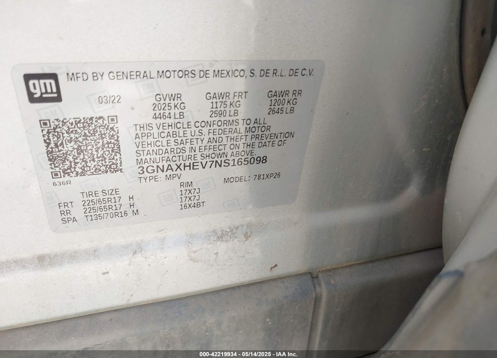 2022 CHEVROLET EQUINOX VIN: 3GNAXHEV7NS165098