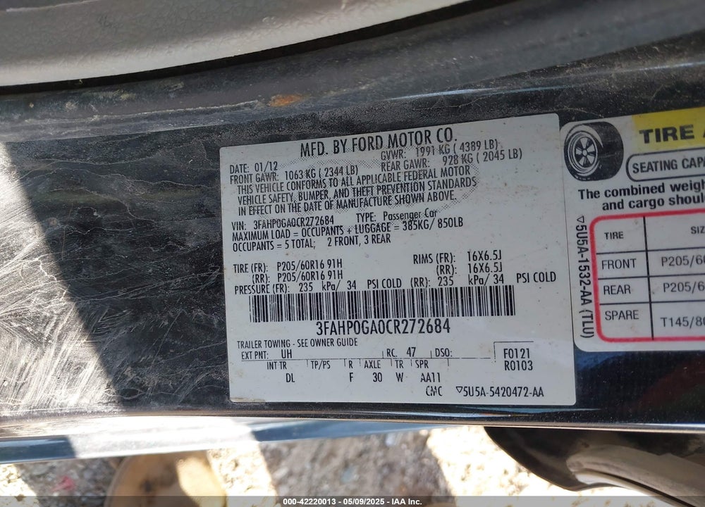 2012 FORD FUSION S VIN: 3FAHP0GA0CR272684