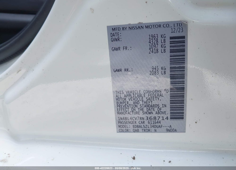 2024 NISSAN ALTIMA VIN: 1N4BL4CV7RN368714