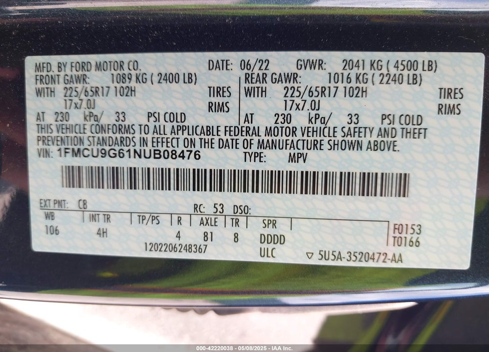 2022 FORD ESCAPE VIN: 1FMCU9G61NUB08476