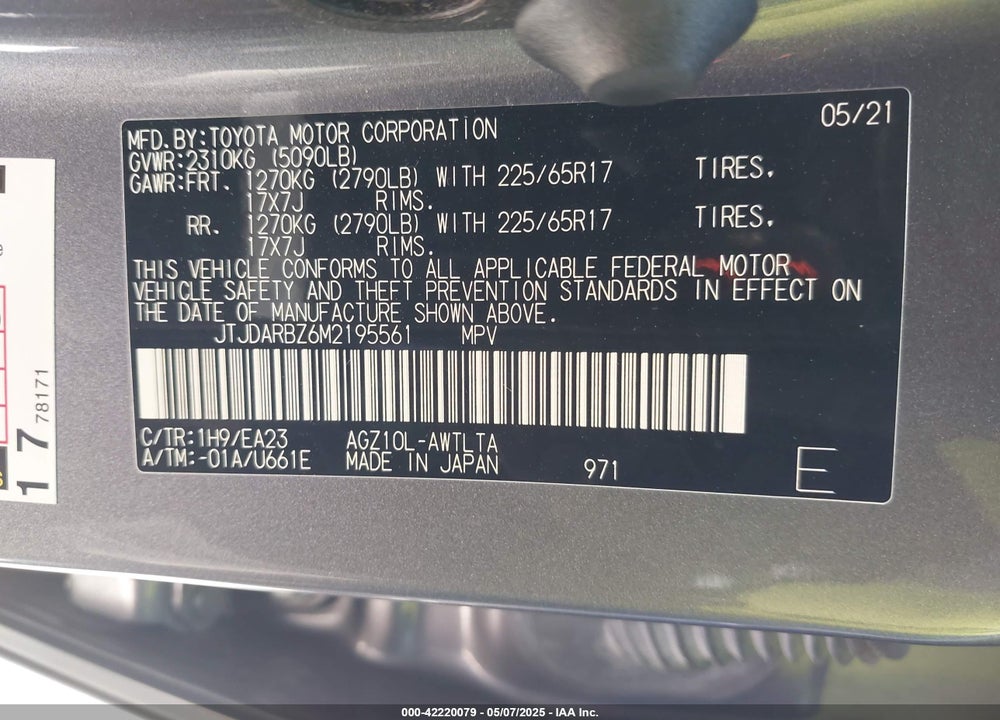 2021 LEXUS NX300 VIN: JTJDARBZ6M2195561