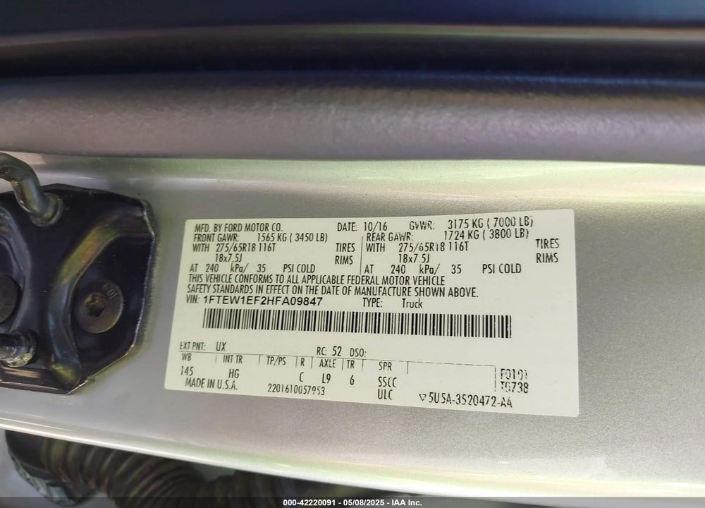 2017 FORD F-150 VIN: 1FTEW1EF2HFA09847