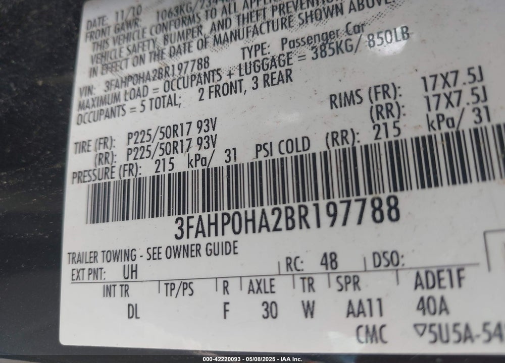 2011 FORD FUSION SE VIN: 3FAHP0HA2BR197788