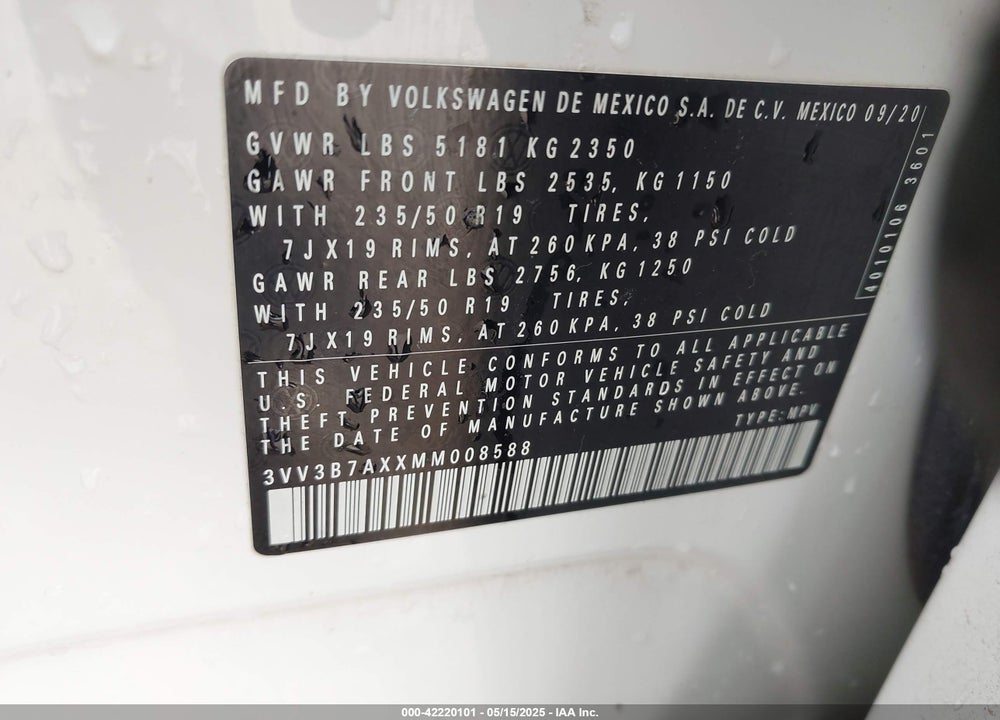 2021 VOLKSWAGEN TIGUAN VIN: 3VV3B7AXXMM008588
