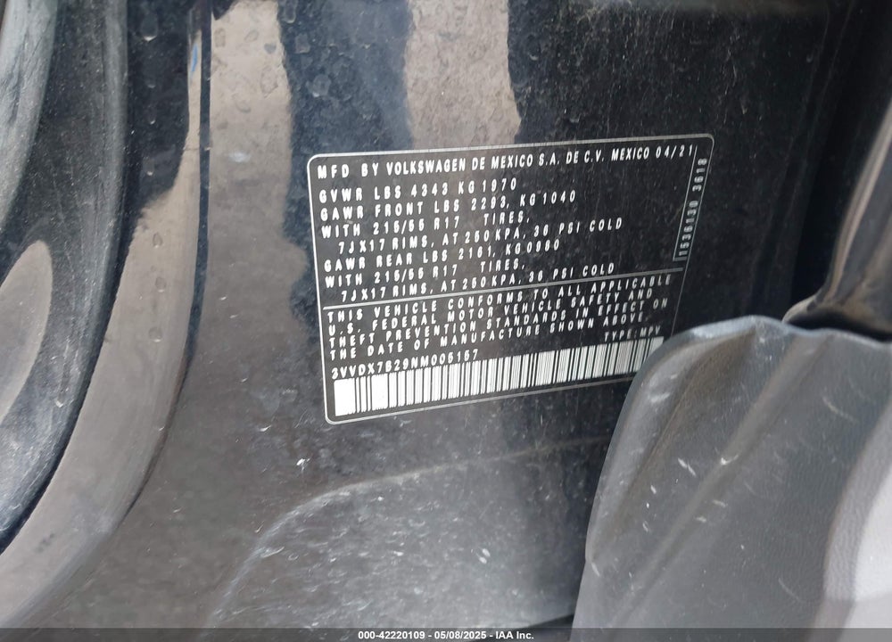 2022 VOLKSWAGEN TAOS VIN: 3VVDX7B29NM005157