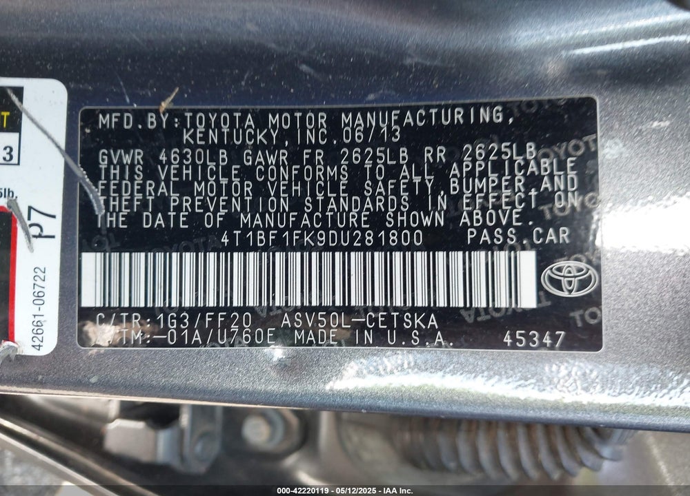 2013 TOYOTA CAMRY VIN: 4T1BF1FK9DU281800