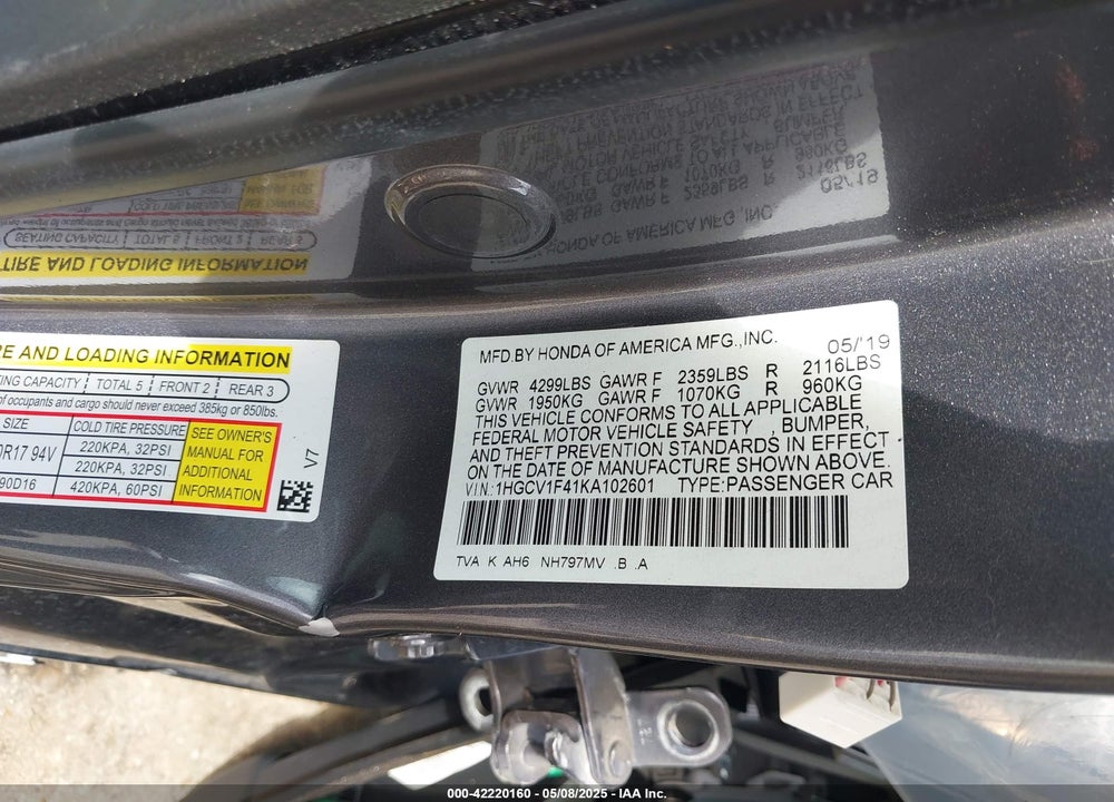 2019 HONDA ACCORD EX VIN: 1HGCV1F41KA102601