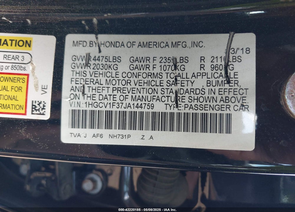 2018 HONDA ACCORD VIN: 1HGCV1F37JA144759
