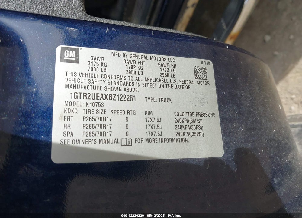 2011 GMC SIERRA 1500 VIN: 1GTR2UEAXBZ122261