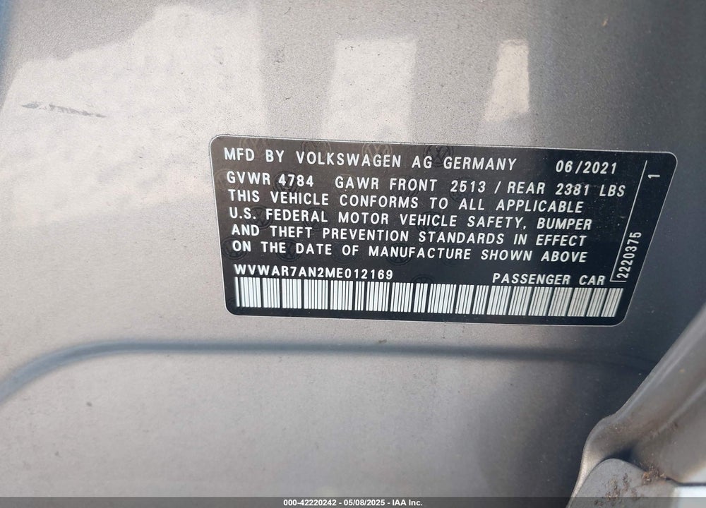 2021 VOLKSWAGEN ARTEON VIN: WVWAR7AN2ME012169