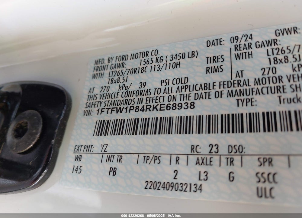2024 FORD F-150 POLICE RESPONDER XL VIN: 1FTFW1P84RKE68938
