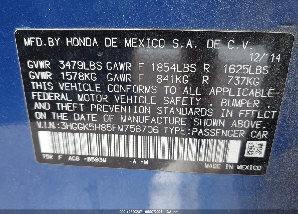 2015 HONDA FIT VIN: 3HGGK5H85FM756706