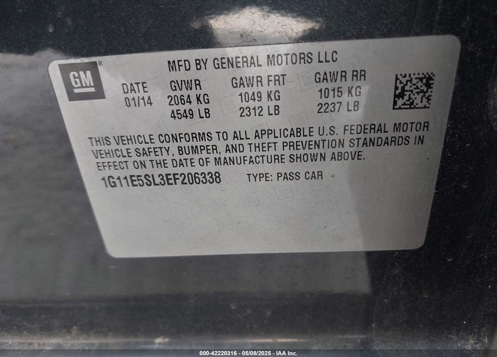 2014 CHEVROLET MALIBU 2LT VIN: 1G11E5SL3EF206338