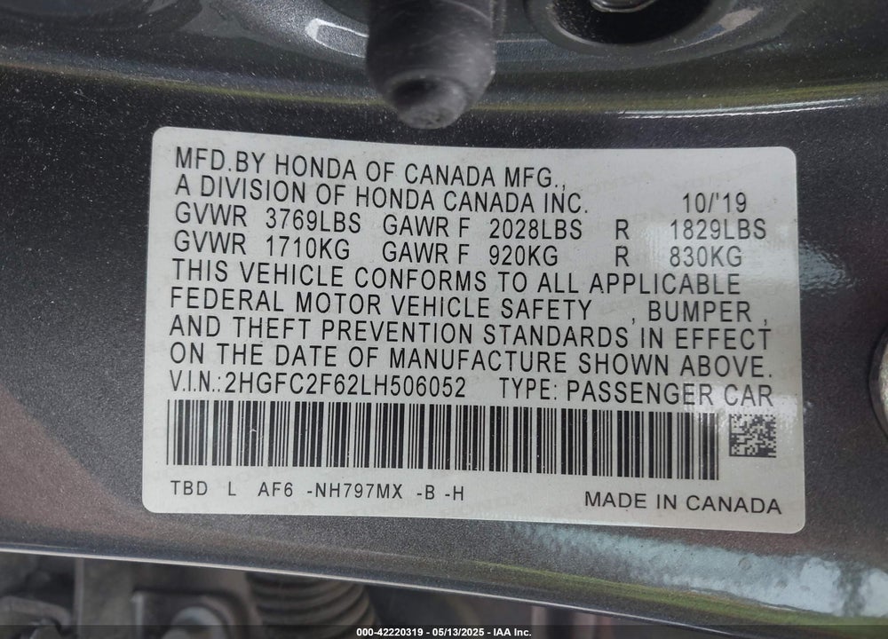 2020 HONDA CIVIC VIN: 2HGFC2F62LH506052