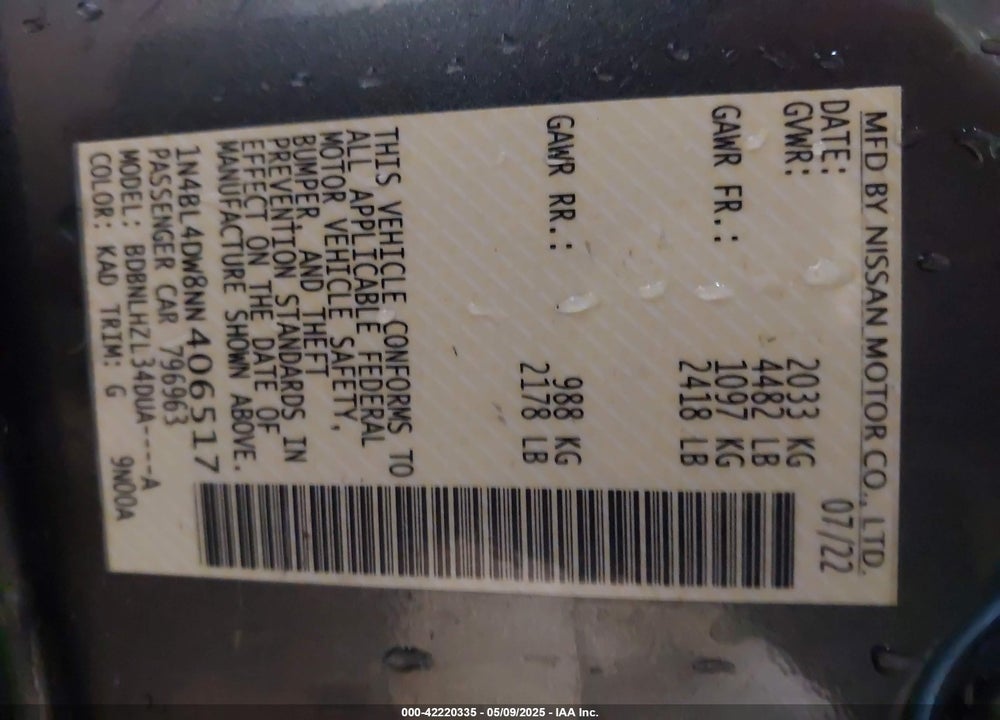 2022 NISSAN ALTIMA VIN: 1N4BL4DW8NN406517