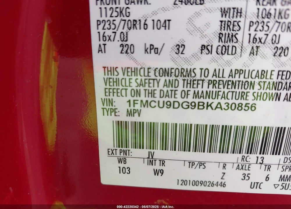 2011 FORD ESCAPE VIN: 1FMCU9DG9BKA30856