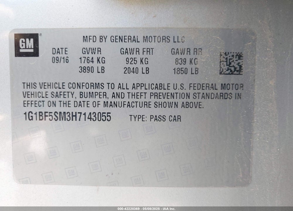 2017 CHEVROLET CRUZE VIN: 1G1BF5SM3H7143055