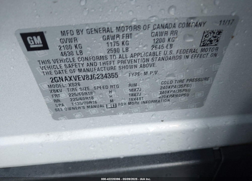 2018 CHEVROLET EQUINOX PREMIER VIN: 2GNAXVEV8J6234355