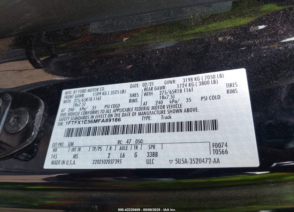 2021 FORD F-150 VIN: 1FTFX1E56MFA89186