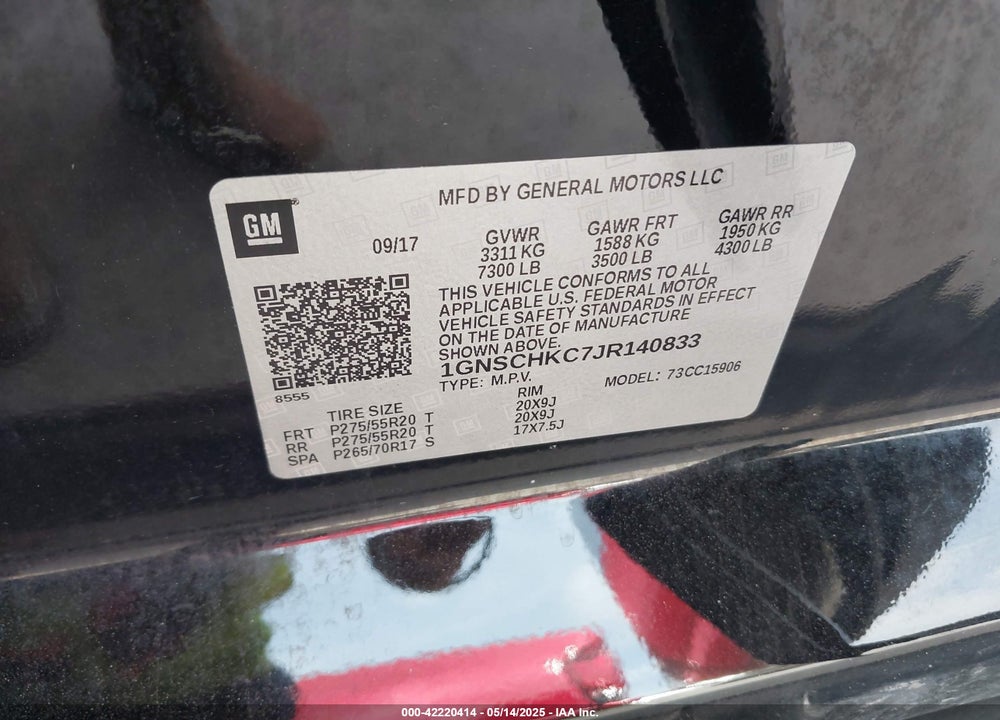 2018 CHEVROLET SUBURBAN VIN: 1GNSCHKC7JR140833