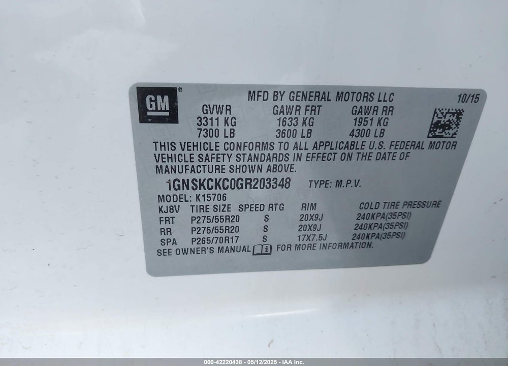 2016 CHEVROLET TAHOE VIN: 1GNSKCKC0GR203348