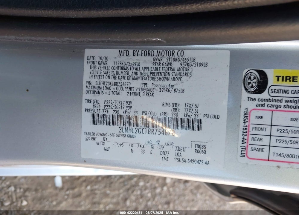 2011 LINCOLN MKZ VIN: 3LNHL2GC1BR754870
