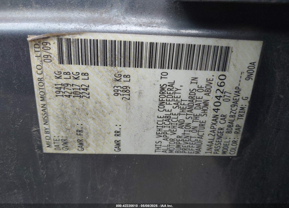 2010 NISSAN ALTIMA 2.5 S VIN: 1N4AL2APXAN404260