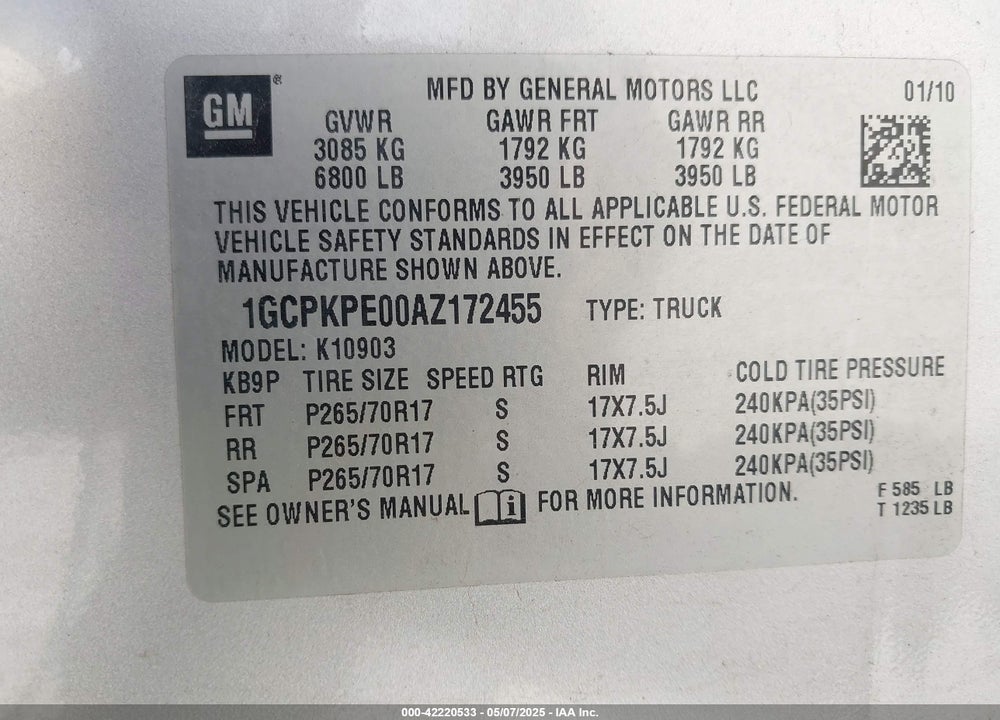 2010 CHEVROLET SILVERADO 1500 VIN: 1GCPKPE00AZ172455