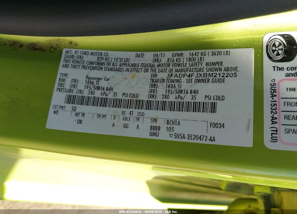 2011 FORD FIESTA VIN: 3FADP4FJXBM212205
