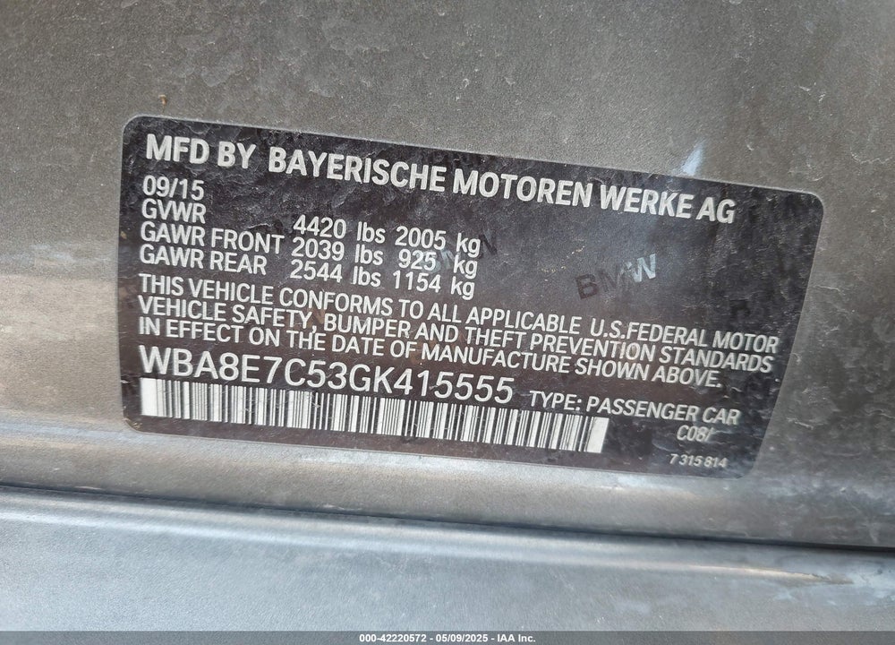 2016 BMW 3 SERIES VIN: WBA8E7C53GK415555