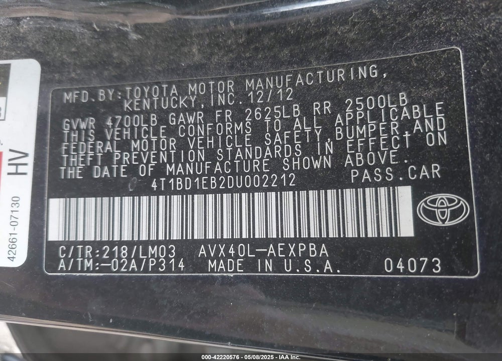 2013 TOYOTA AVALON HYBRID LIMITED VIN: 4T1BD1EB2DU002212