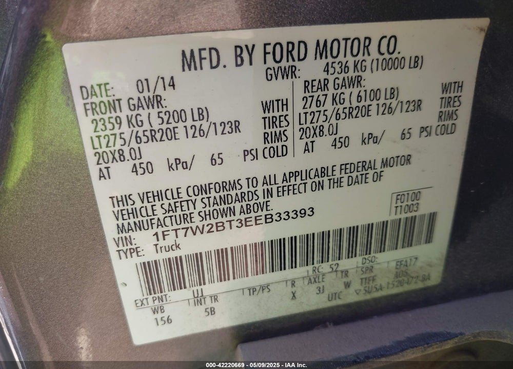 2014 FORD F-250 LARIAT VIN: 1FT7W2BT3EEB33393