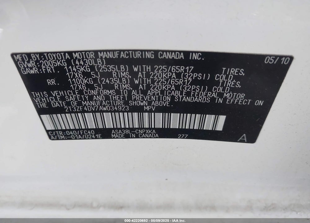 2010 TOYOTA RAV4 VIN: 2T3ZF4DV7AW034923