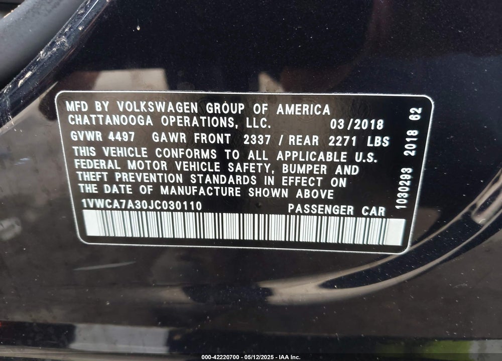 2018 VOLKSWAGEN PASSAT VIN: 1VWCA7A30JC030110