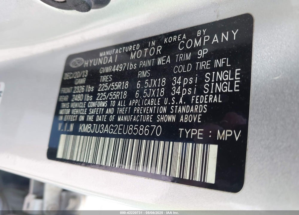 2014 HYUNDAI TUCSON LIMITED VIN: KM8JU3AG2EU858670