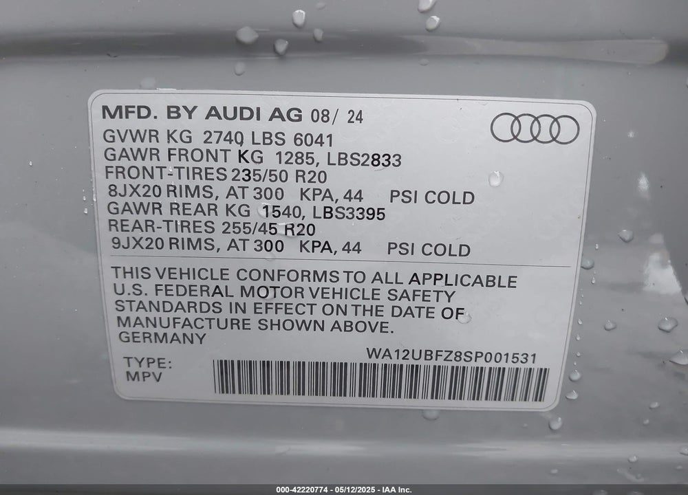 2025 AUDI Q4 SPORTBACK E-TRON VIN: WA12UBFZ8SP001531