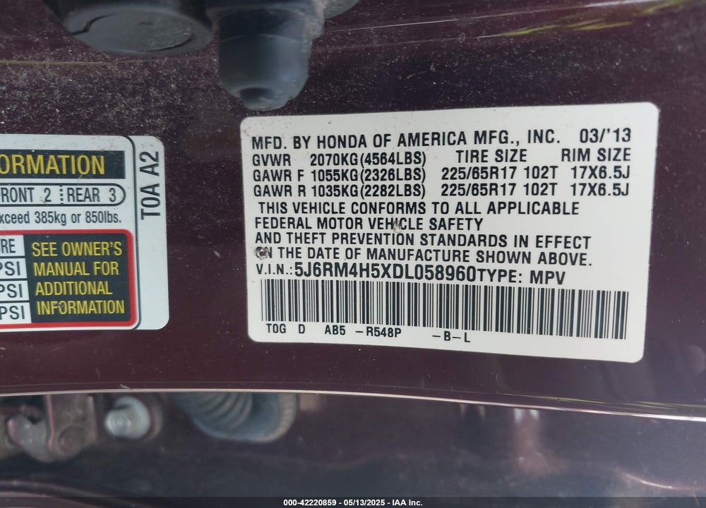 2013 HONDA CR-V VIN: 5J6RM4H5XDL058960