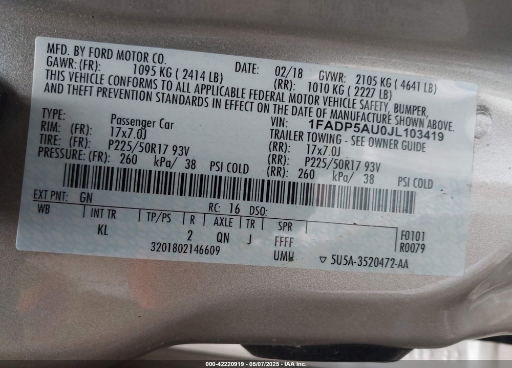 2018 FORD C-MAX HYBRID VIN: 1FADP5AU0JL103419