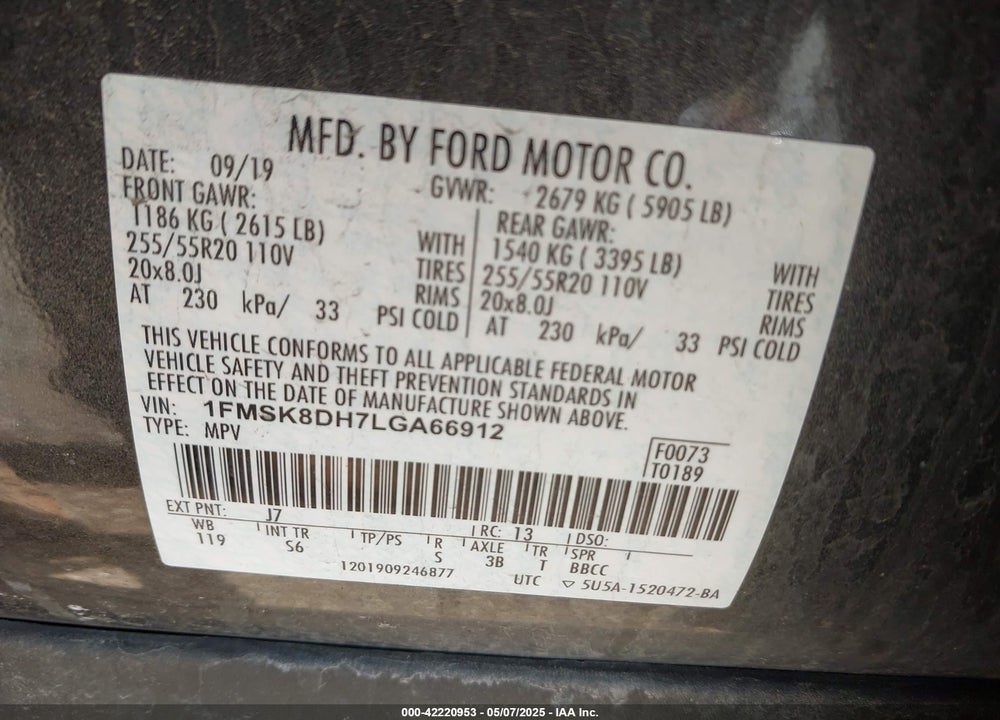 2020 FORD EXPLORER VIN: 1FMSK8DH7LGA66912