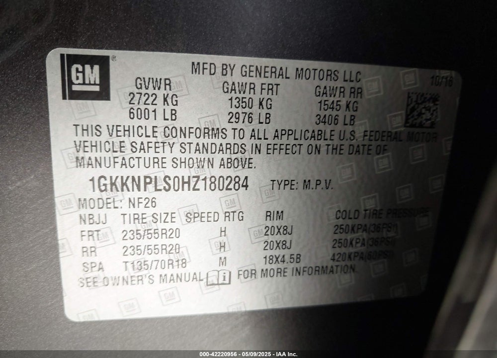 2017 GMC ACADIA VIN: 1GKKNPLS0HZ180284